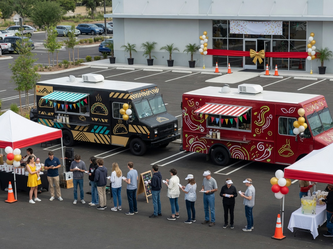 Food trucks at a store grand opening